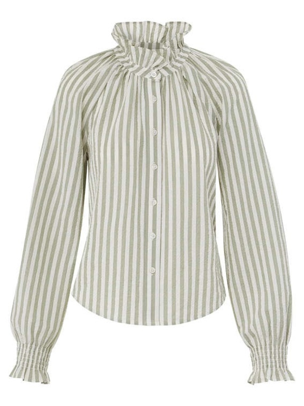 NWT Veronica Beard Sage and White Striped Ruffle-Neck Blouse